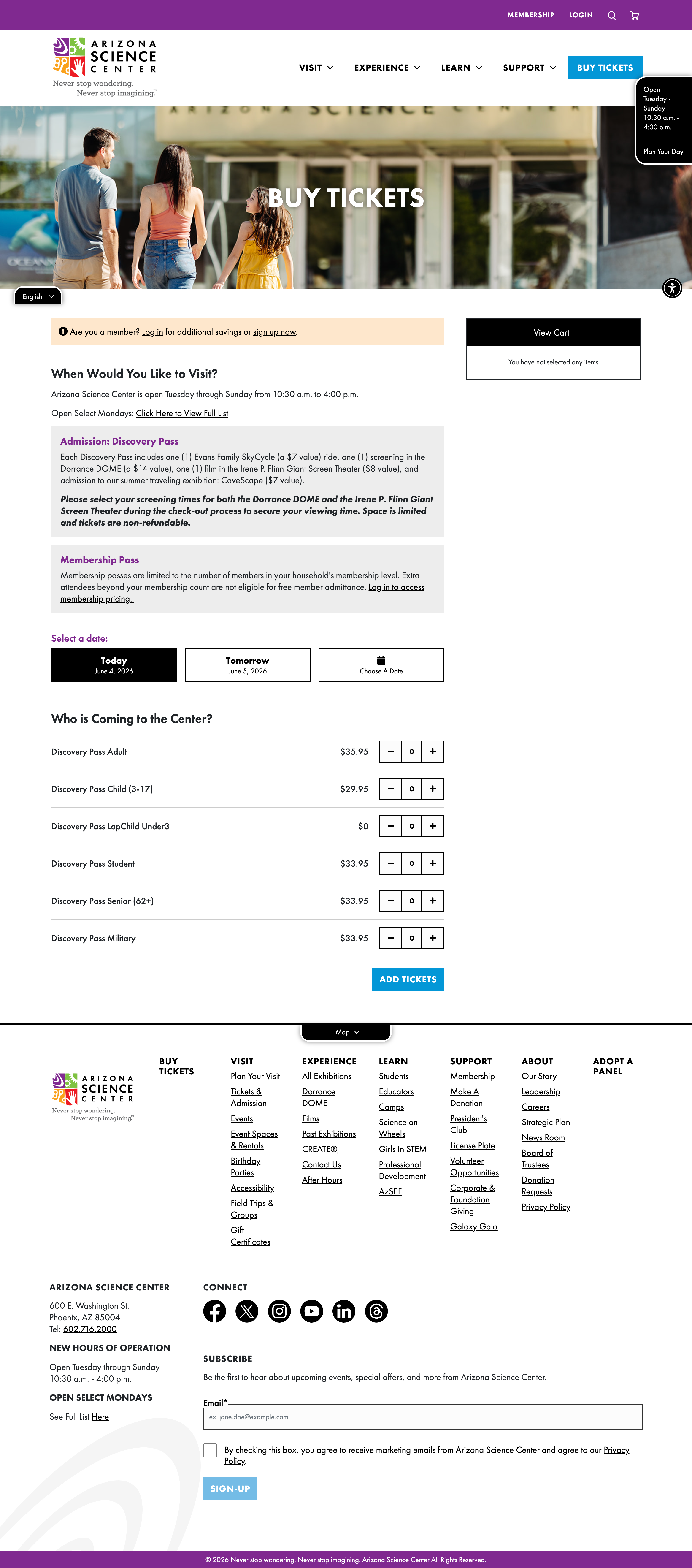 Original Arizona Science Center Buy Tickets page